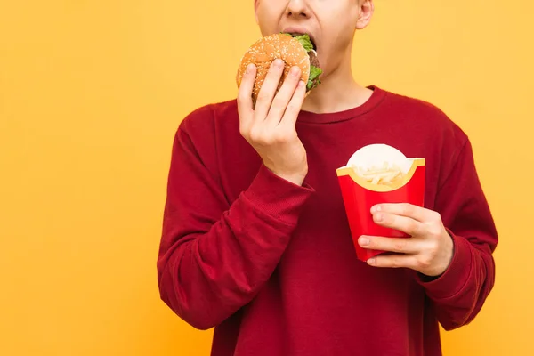 Крупный план человека, который ест плохую еду, кусает бургер и держит картошку фри в руках на жёлтом фоне. Парень с фастфудом в руках, изолированное, обрезанное фото. Copyspace — стоковое фото