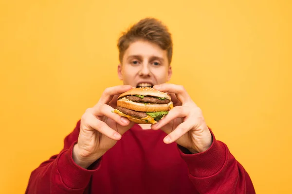 Joven hambriento sostiene en las manos de una deliciosa hamburguesa grande, mirando a la cámara sobre un fondo amarillo. Concéntrate en el sándwich en las manos del tipo, aislado. Contexto — Foto de Stock