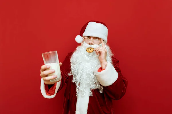 Retrato de una santa divertida sobre un fondo rojo con una galleta de chocolate en la boca y un vaso de leche en la mano, mirando a la cámara. Santa come galletas y bebe leche. Navidad — Foto de Stock