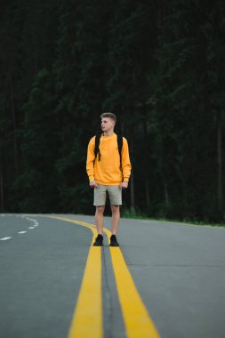 Düşünceli beyaz erkek yürüyüşçü turist yolun ortasında, dağ ormanlarının arka planında duruyor. Huzurlu genç bir yolcunun dikey görüntüsü orman manzarasında otoyola bakıyor..