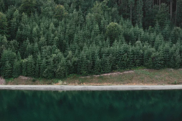 Повітряний знімок хвойного лісу та озера, дзеркальне відображення, дикий гірський лісовий пейзаж. Ялинковий ліс і гірське озеро фото шпалер. Горизонтальний знімок захоплюючого лісу. Концепція подорожей . — стокове фото