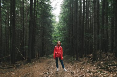 Kırmızı yağmurluklu yürüyüşçü kadın dağlarda bir patikada duruyor, kameraya bakıyor, dağ yürüyüşündeki kız. Kırmızı ceketli turistin tam boy fotoğrafı büyük kozalaklı ağaçların arkasında duruyor.