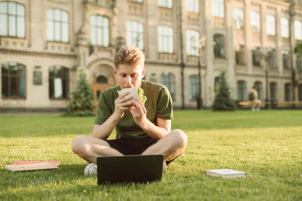 Hongerige student zittend op het gazon op de achterkant van de Universiteit gebouw, het eten van een sandwich en kijken naar het scherm van een laptop, boeken zijn grazig. Student studeren voor een pauze en dineren. — Stockfoto