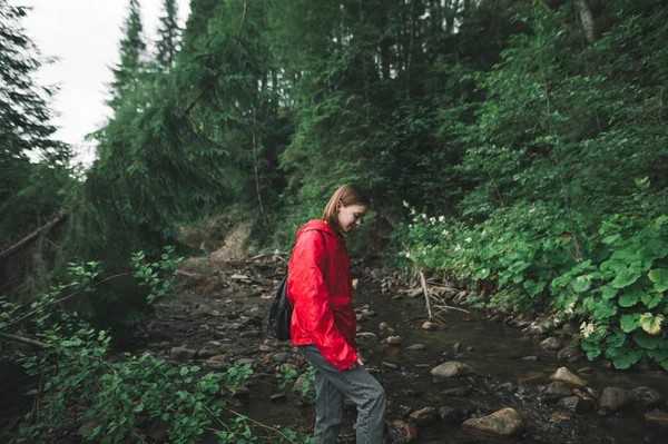 赤いレインコートを着た美しいハイカーの女の子は、野生の森の中を歩くと、渓流を渡り、水を見下ろしています。山の中で女性をハイキング、野生の休暇. — ストック写真