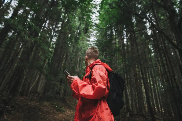 빨간 비옷을 입은 남자 가 숲 속의 길을 걷고 있는 스마트폰을 들고 서 있습니다. 여행객은 스마트폰으로 지도와 네비 게이 션을 봅니다. 등산 숲. 등산객 하이킹 개념 — 스톡 사진
