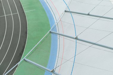 Velodrome, üst manzara. Bisiklet. Hipodrom bisikletleri için. Geçmişi. Uzayı kopyala Bisiklet izi