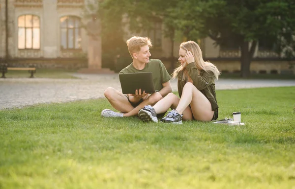 Cute Couple Students Sitting University Park Lawn Books Laptop Talking — Stock Photo, Image