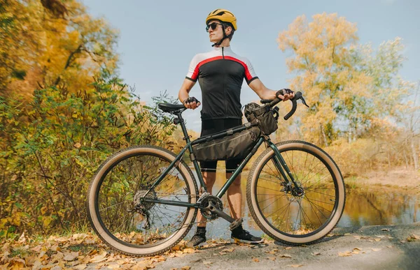 Professional Cyclist Helmet Sportswear Stands Bicycle Background Autumn Landscape Lake — Stock Photo, Image