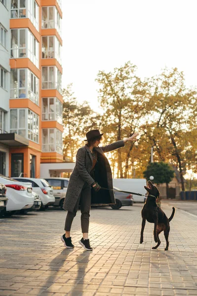 Fashionabel Kvinna Hatt Och Rock Leker Med Hund Gården Bakgrund — Stockfoto