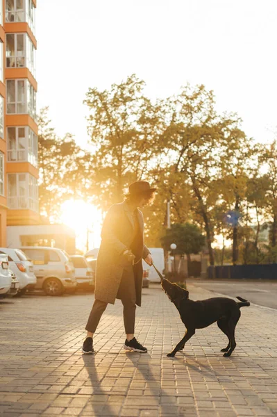 Wanita Bergaya Yang Bermain Main Dengan Anjing Luar Rumah Pada — Stok Foto