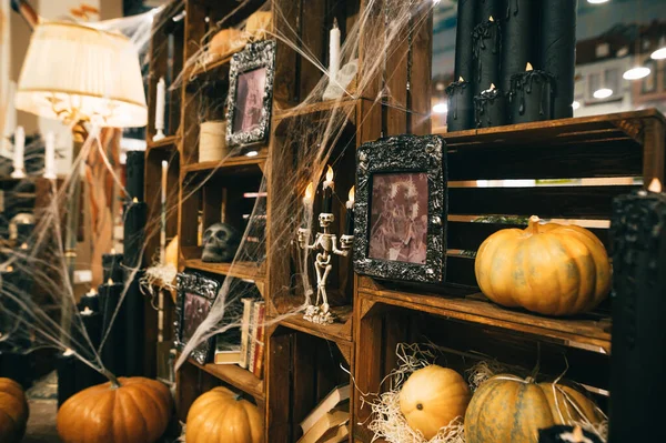 Cozy Halloween decor indoors. Decorated area for a photo for Halloween. Background. The interior is decorated for Halloween.