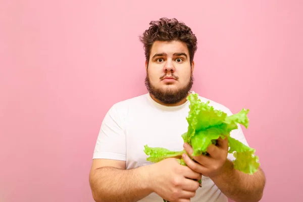 양상추를 분홍색 배경에 남자가 얼굴로 카메라를 들여다보고 채소를 감정적 다이어트자 — 스톡 사진
