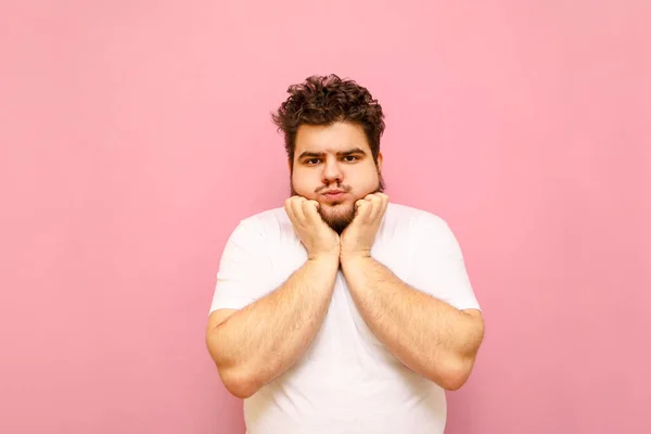Cute curly fat man with beard posing for the camera on a pink background, looking into the camera with a serious face. Funny overweight man in white t-shirt looks into camera isolated on pink