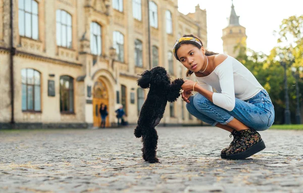 Snygg Latinamerikansk Kvinna Leker Med Liten Svart Hund Gatan Med — Stockfoto