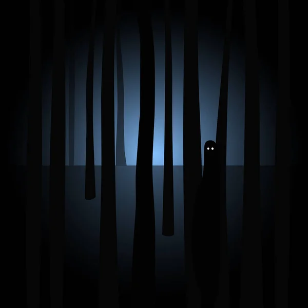 Silueta espeluznante con ojos en espeluznante bosque oscuro — Vector de stock