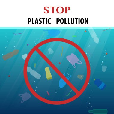 Okyanusta yüzen çöp ve rad yuvarlak işareti ile plastik kirliliği ekolojik poster durdurun.