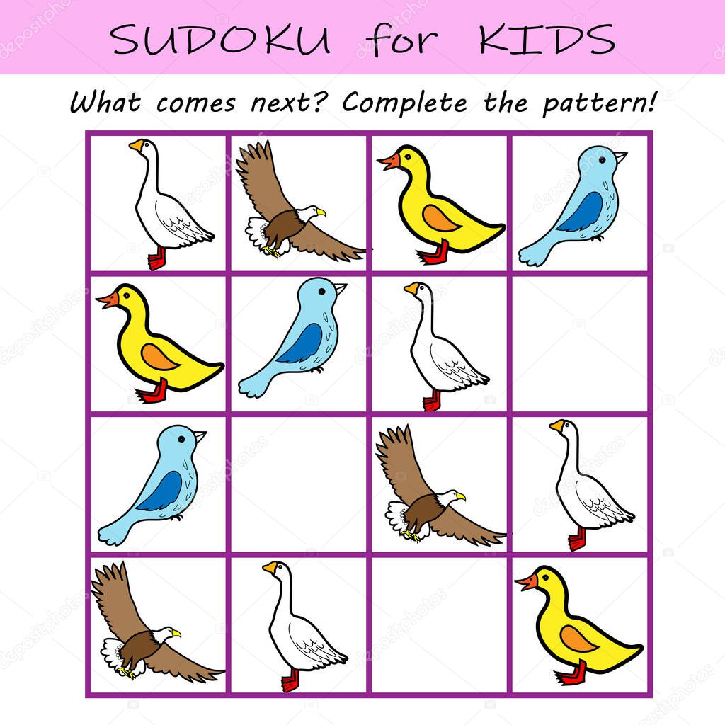 Learning pattern worksheet for kids. Sudoku logical game - What comes next? 
