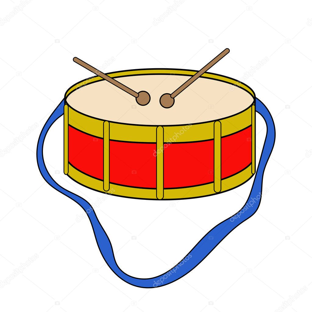 Drum musicial instrument - childish toy in cartoon style. Vector illustration isolated