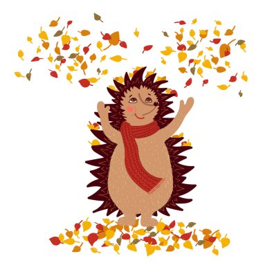 Sonbahar renkli yapraklarını kusan sevimli kirpi. Sonbahar sezonu. Vektör illüstrasyonu