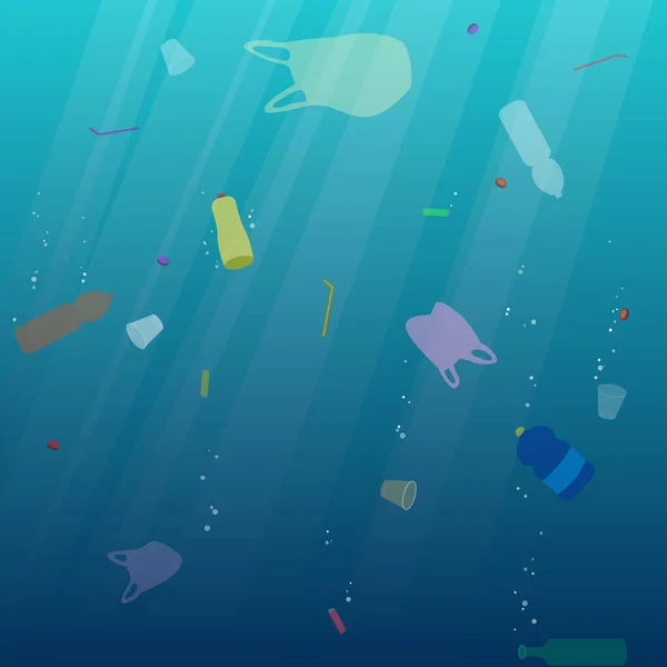 Plastic Ocean Pollution Underwater Garbage Bags Bottles Cups Straws Ecological — Stock Vector