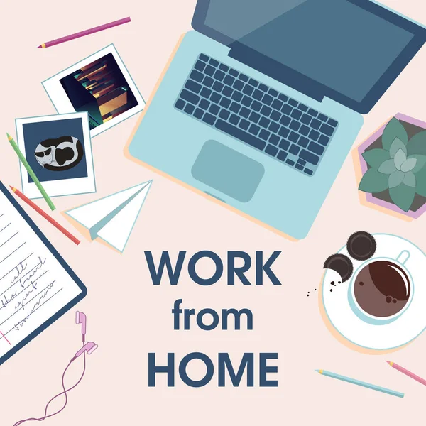 Topo Trabalho Wiev Home Office Conceito Quarentena Secretária Com Laptop — Vetor de Stock