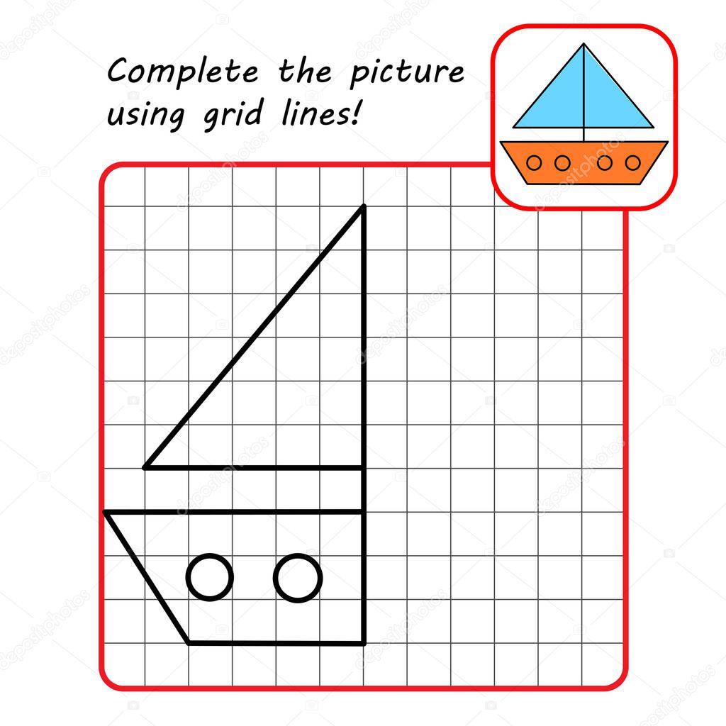 Educational game for kids. Simple exercise. Ship drawing using grid. Vector illustration.
