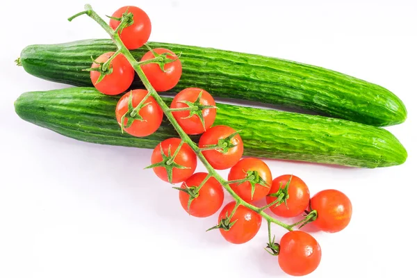 Mooie Verse Komkommers Tomaten Zijn Gefotografeerd Studio — Stockfoto