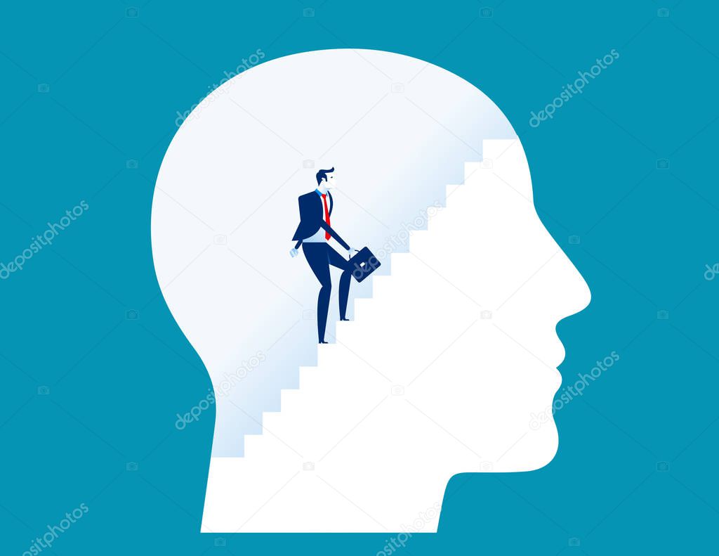 Businessman climbing stairs inside human head. Concept business vector illustration.