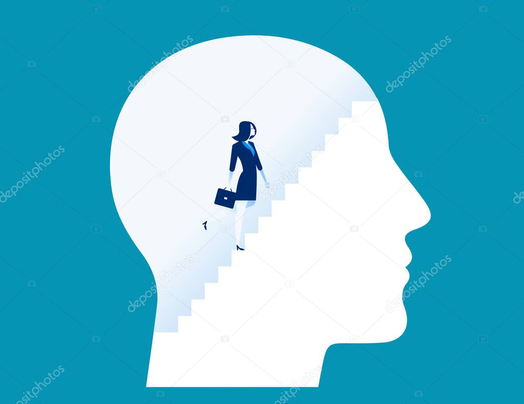Businesswoman climbing stairs inside human head. Concept business vector illustration