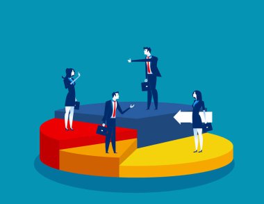 İş insanlar pasta grafiği farklı yönlere ayakta. Kavram iş vektör çizim.