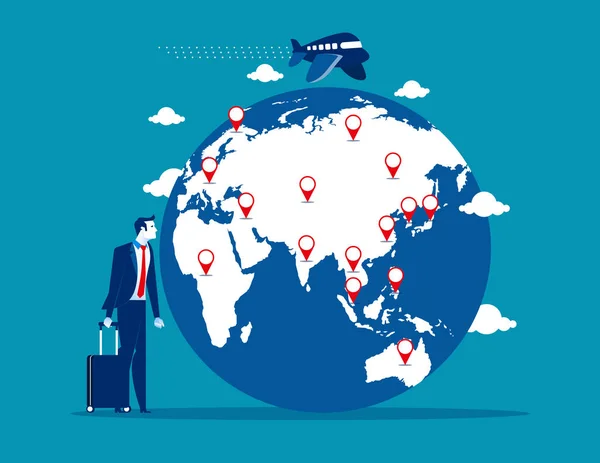 Ταξίδια Επιχειρηματίας Βαλίτσα Και Παγκόσμιο Χάρτη Εικονογράφηση Φορέα Επιχειρηματική Ιδέα — Διανυσματικό Αρχείο