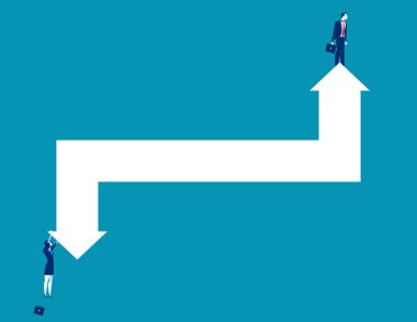 İş kişi ve temsil eden oklar yükselişi ve düşüşü. Kavram iş vektör çizim.