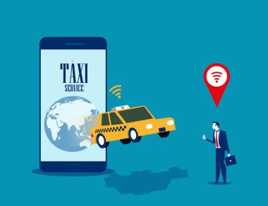 Taksi hizmeti. İşadamı çağrı taksi mobil uygulama kavramı otobüs ile