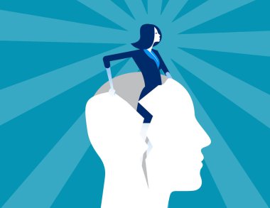 Yeni -den doğuş. İş kadını insan kafasını oluşturur. Konsept iş vektör illüstrasyon.