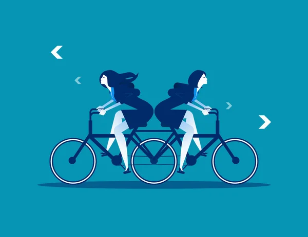 Dos personas de negocios montando la misma bicicleta en direcciones opuestas . — Vector de stock