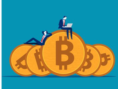 İş ekibi çalışan ve Bitcoin üzerinde rahat. Konsept iş v
