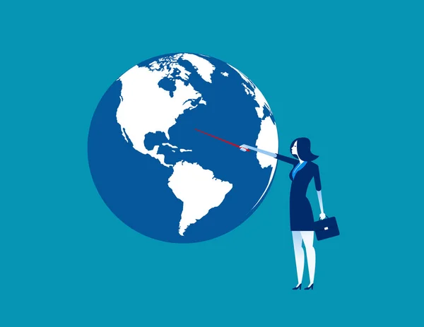 Businesswoman pointing to globe. Concept business vector illustr — Stock Vector