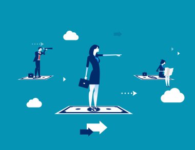 Başarı aranıyor. İş ekibi uçan para ayakta. CONC