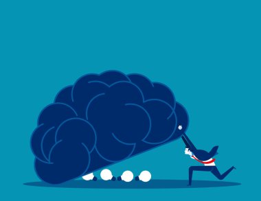 Fikir. İnsan beyninin altında ampul bulur. Kavram iş vektörü