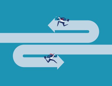 İşadamı ters yöne koşuyor. Kavram iş vektörü 