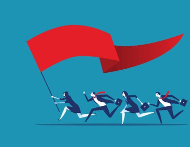 İş ekibi bayrağı tutuyor ve başarıya doğru koşuyor. Konsept Busin