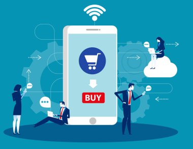 İnsanlar online mağazabazı satın büyük bir akıllı telefon etrafında.