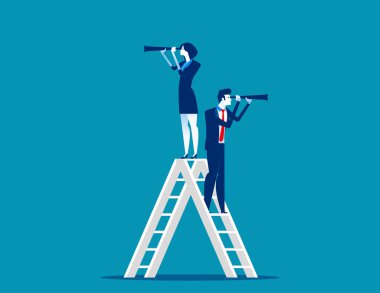 Çalışma aşaması. İş ekibi ve teleskop, Concept business vec