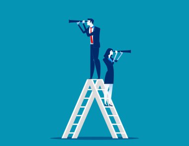 Çalışma aşaması. İş ekibi ve teleskop, Concept business vec