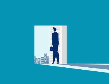 İş adamı şehir manzarasını gösteren bir kitap okuyor. İş vec kavramı