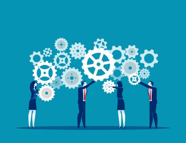 İş takım çalışması konsepti, çizgi film tarzı, üretim çizgisi, Gear.