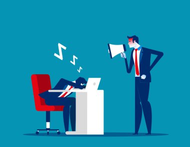 Kızgın patron, çalışanı uyandırmak için megafon kullanıyor. İş kavramı