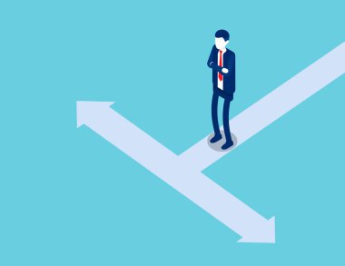 Bir adam iki farklı yöne bölünmüş bir yolda duruyor. Isometric iş vektör biçimi