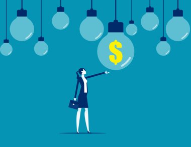 Dolar işaretiyle asılı bir finans fikri ampulü bulmak. Mali ve ekonomik konsept