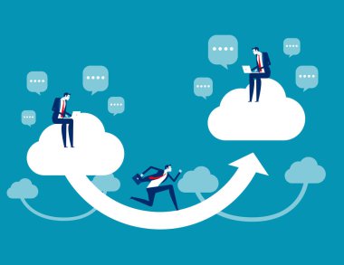 Ok ve bulut etrafında çalışmak. Veri teknolojisi konsepti, düz iş çizgi film vektör illüstrasyon biçimi